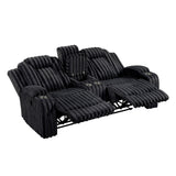 Phyllis Black Corduroy Double Reclining Loveseat with Center Console and Cup Holders