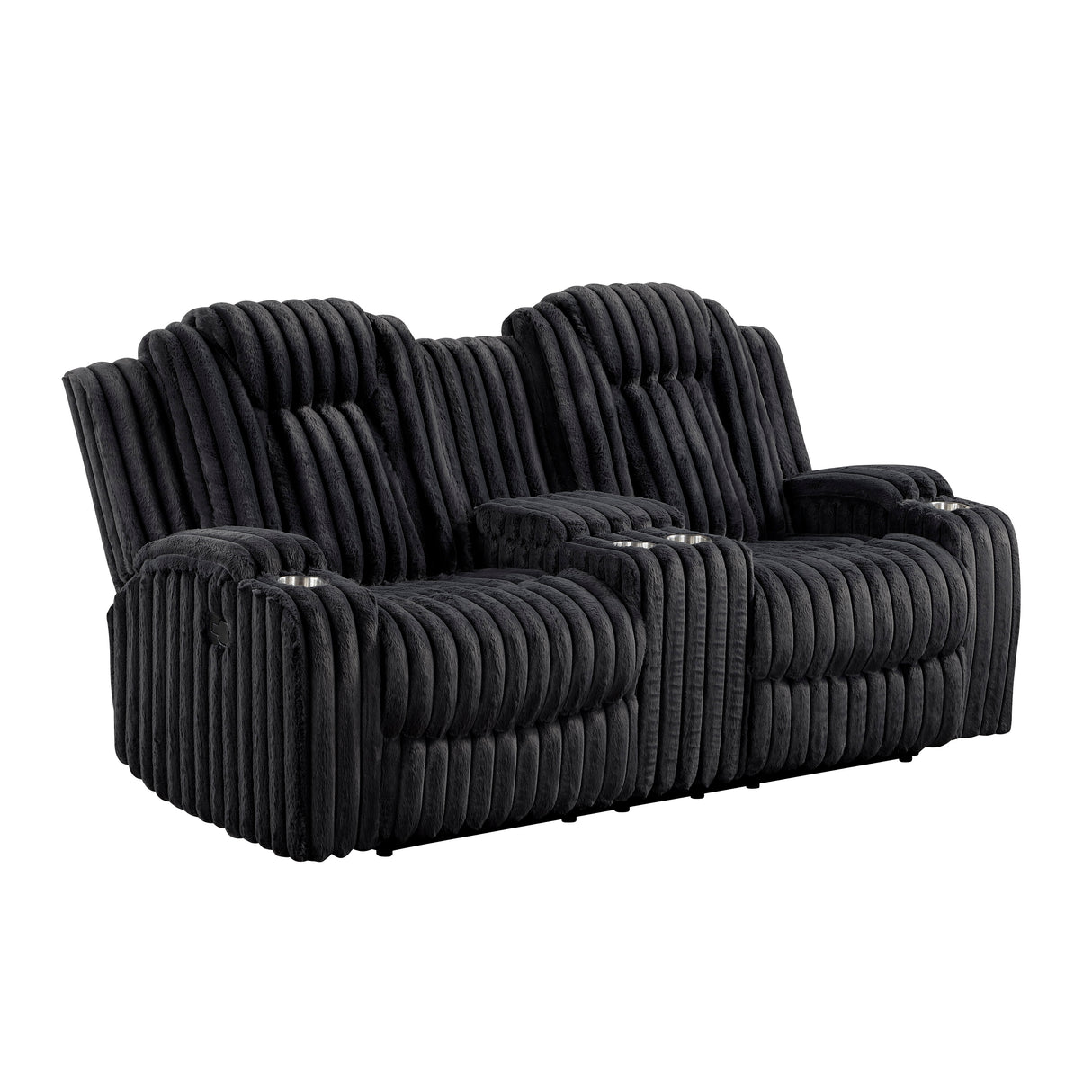 Phyllis Black Corduroy Double Reclining Loveseat with Center Console and Cup Holders