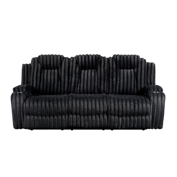 Phyllis Black Corduroy Double Reclining Sofa with Cup Holders