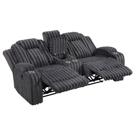 Phyllis Dark Gray Double Reclining Sofa with Cup Holders from Homelegance - Luna Furniture