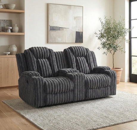 Phyllis Dark Gray Double Reclining Sofa with Cup Holders from Homelegance - Luna Furniture
