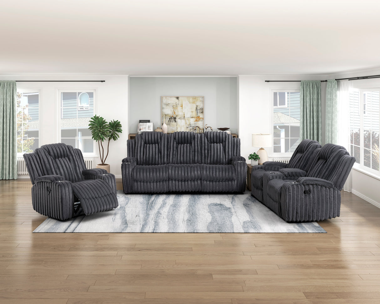 Phyllis Dark Gray Double Reclining Sofa with Cup Holders from Homelegance - Luna Furniture