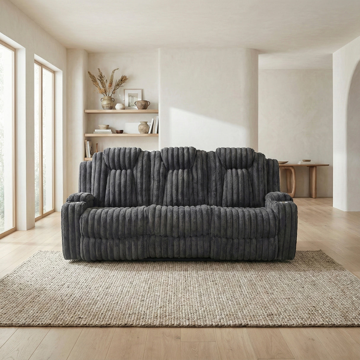 Phyllis Dark Gray Double Reclining Sofa with Cup Holders from Homelegance - Luna Furniture