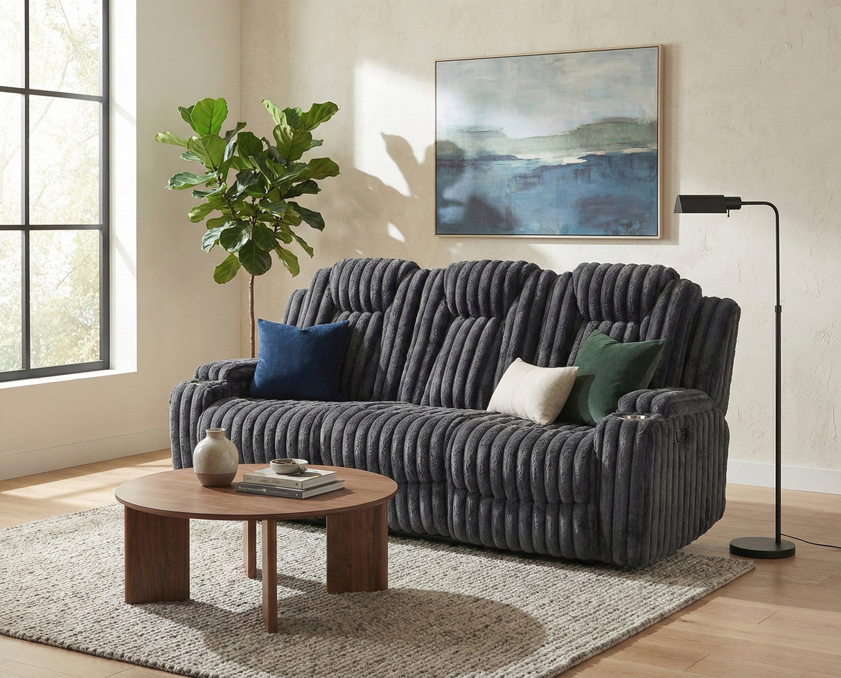 Phyllis Dark Gray Double Reclining Sofa with Cup Holders from Homelegance - Luna Furniture