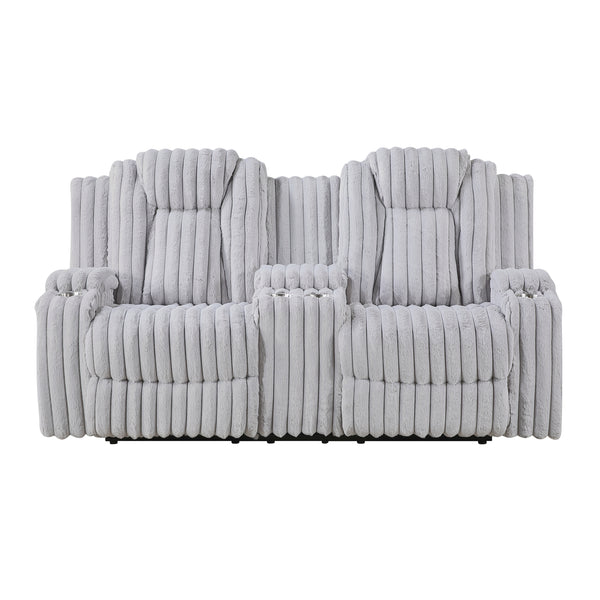 Phyllis Light Gray Double Reclining Loveseat with Center Console and Cup Holders