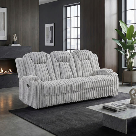 Phyllis Light Gray Double Reclining Sofa with Cup Holders from Homelegance - Luna Furniture