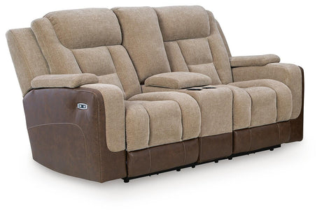 Mixed Motion Brownstone Power Reclining Loveseat with Console from Ashley Furniture - Luna Furniture