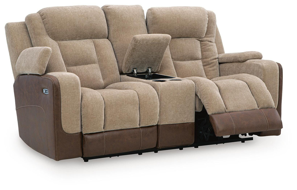 Mixed Motion Brownstone Power Reclining Loveseat with Console from Ashley Furniture - Luna Furniture