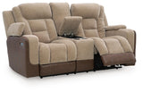 Mixed Motion Brownstone Power Reclining Loveseat with Console from Ashley Furniture - Luna Furniture