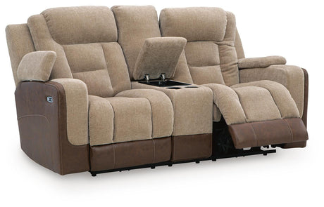 Mixed Motion Brownstone Power Reclining Loveseat with Console from Ashley Furniture - Luna Furniture