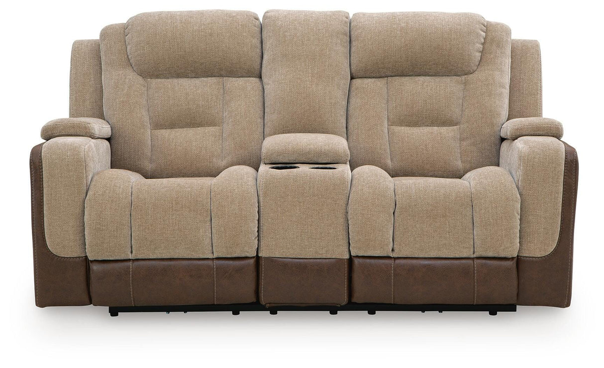 Mixed Motion Brownstone Power Reclining Loveseat with Console from Ashley Furniture - Luna Furniture