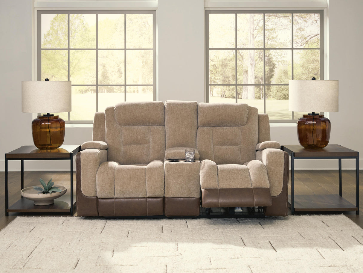 Mixed Motion Brownstone Power Reclining Loveseat with Console from Ashley Furniture - Luna Furniture