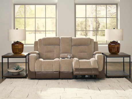 Mixed Motion Brownstone Power Reclining Loveseat with Console from Ashley Furniture - Luna Furniture