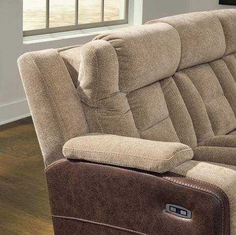 Mixed Motion Brownstone Power Reclining Loveseat with Console from Ashley Furniture - Luna Furniture