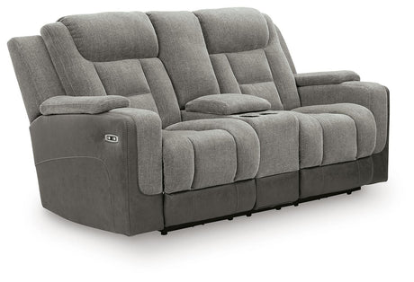 Mixed Motion Shadow Power Reclining Loveseat with Console from Ashley Furniture - Luna Furniture