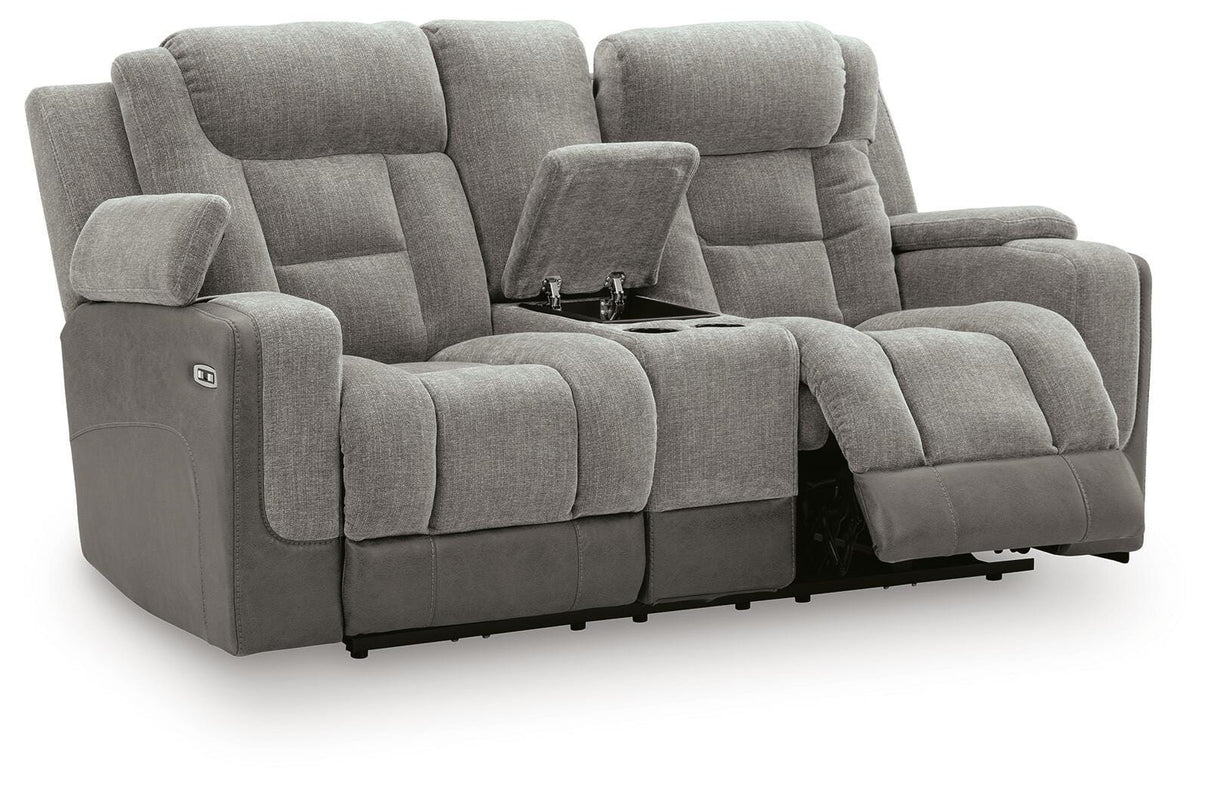 Mixed Motion Shadow Power Reclining Loveseat with Console from Ashley Furniture - Luna Furniture