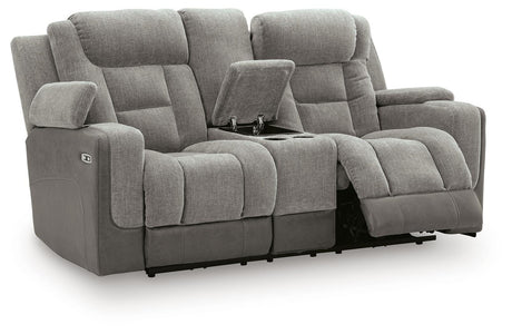 Mixed Motion Shadow Power Reclining Loveseat with Console from Ashley Furniture - Luna Furniture