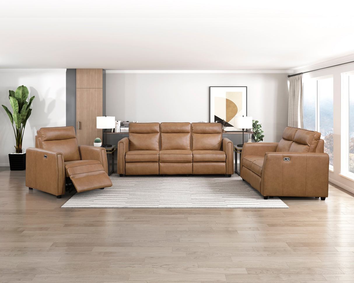 Equinox Brown Power Double Reclining Sofa with Rounded Track Arms
