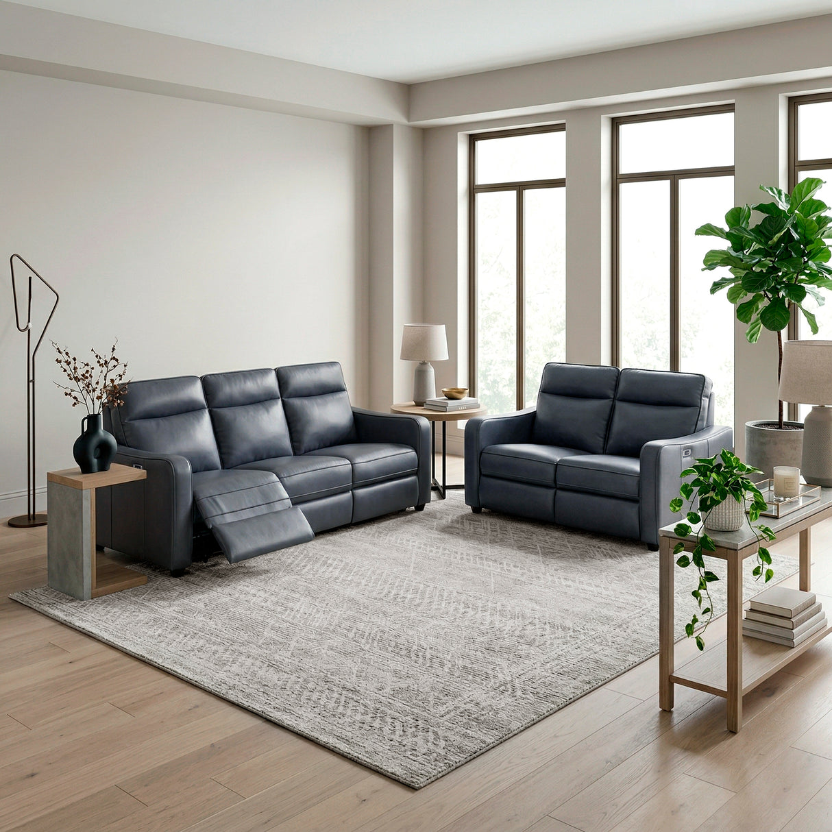 Equinox Navy Power Double Reclining Sofa with Curved Track Arms