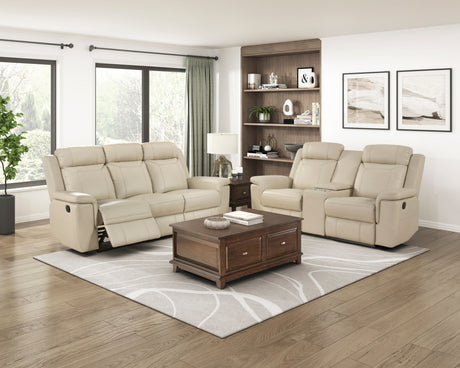 Nest Beige Double Reclining Loveseat with Center Console and Receptacles from Homelegance - Luna Furniture