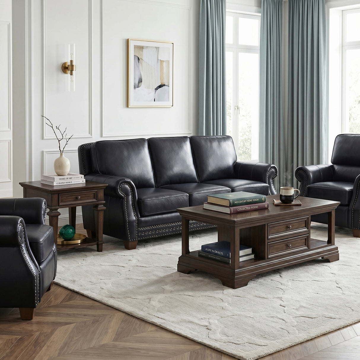 Remington Black Leather Sofa