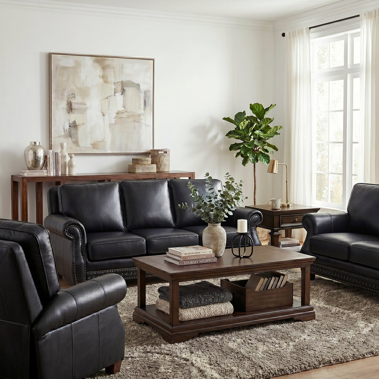 Remington Black Leather Sofa