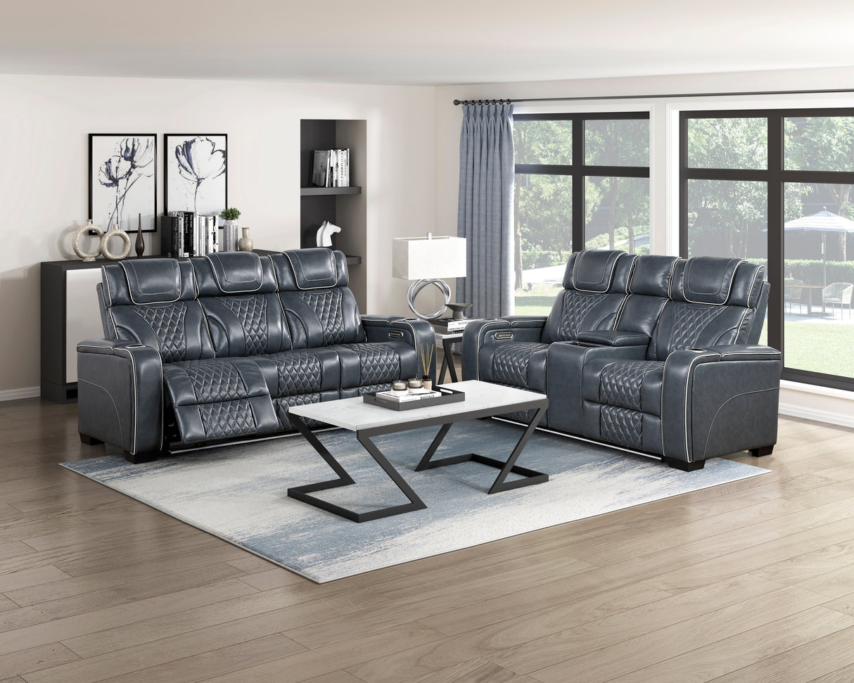 Apex Blue Leather Power Double Reclining Sofa from Homelegance - Luna Furniture