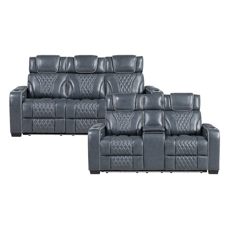 Apex Blue Leather Power Reclining Sofa and Loveseat from Homelegance - Luna Furniture