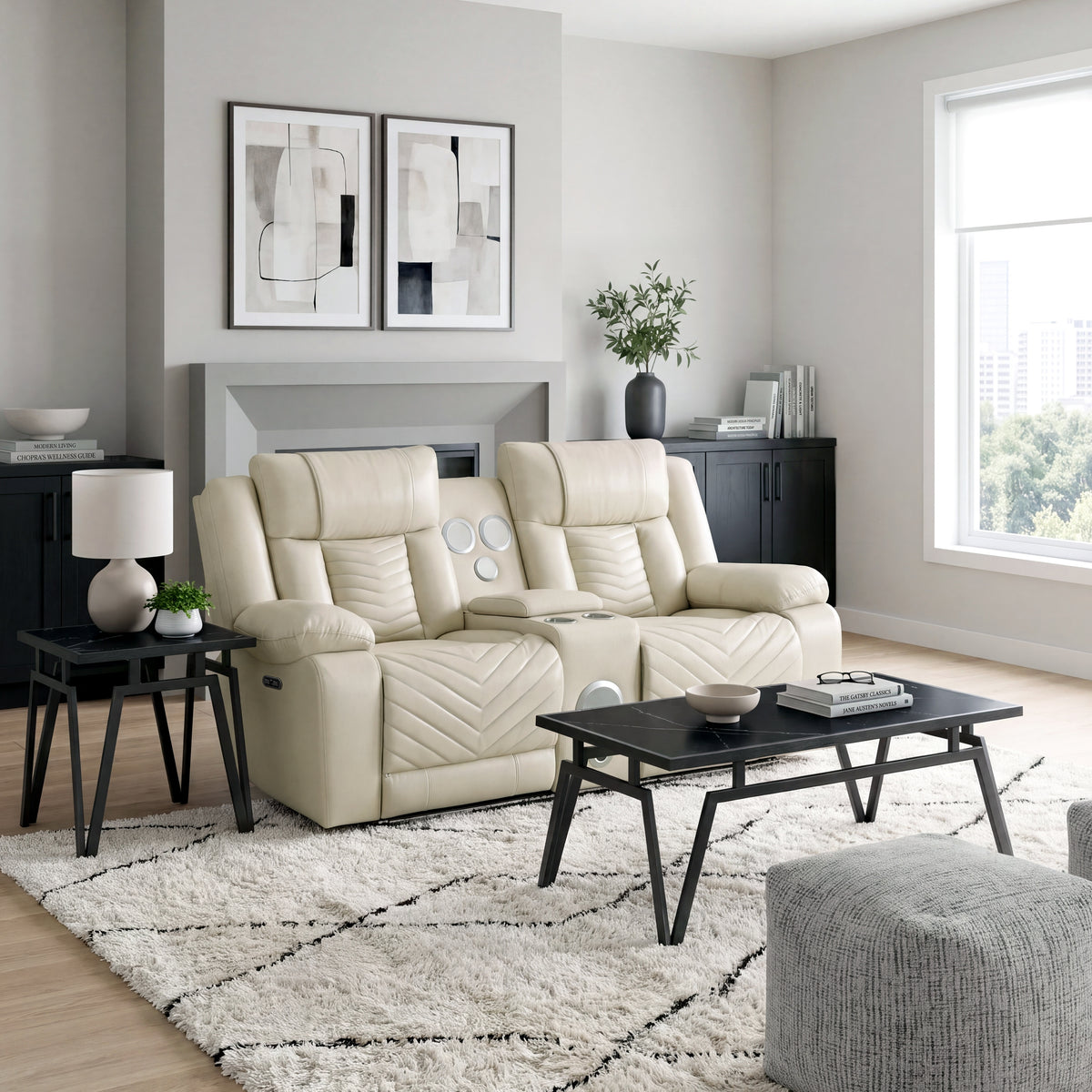 Huron Beige Power Double Reclining Loveseat with Center Console from Homelegance - Luna Furniture