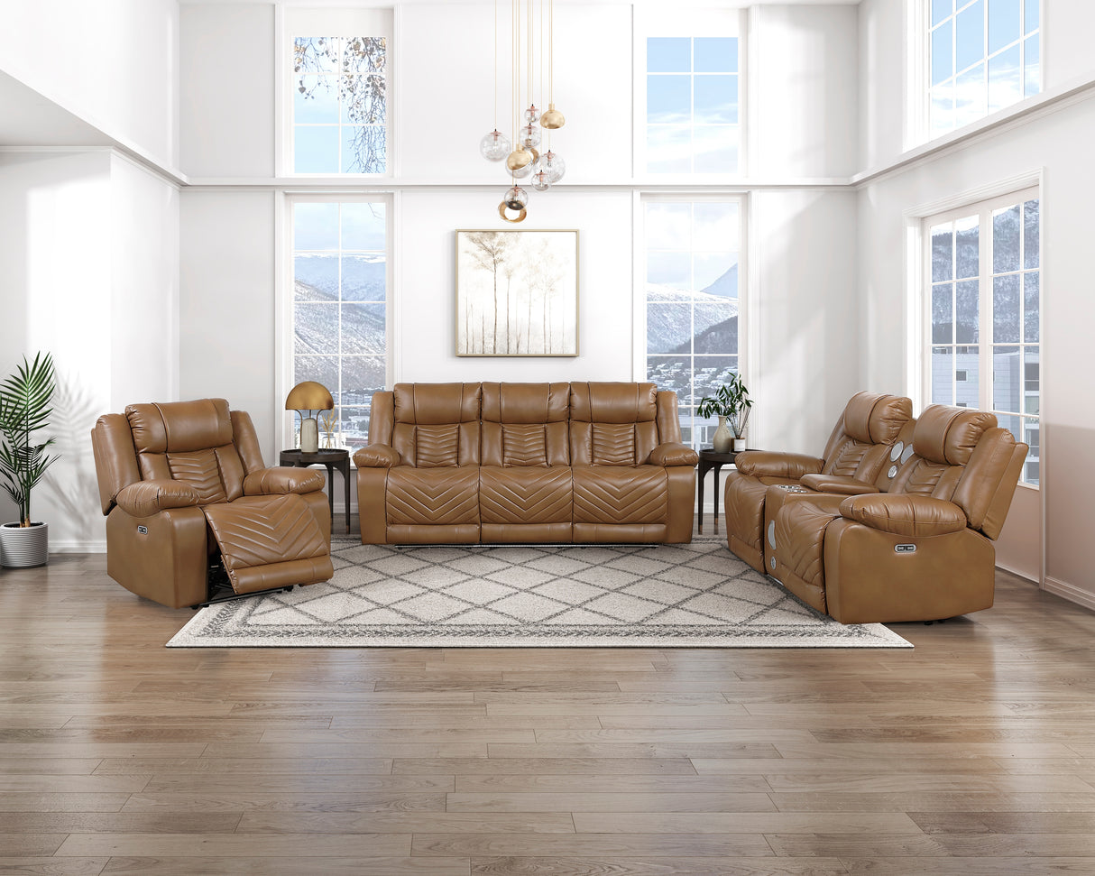 Huron Brown Power Double Reclining Loveseat with Center Console, Wireless Speakers, LED and Charging Ports from Homelegance - Luna Furniture