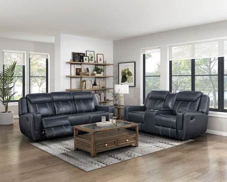 Littleton Blue Double Reclining Sofa with Center Drop-Down Cup Holders, Magazine bag, Receptacles and USB Ports from Homelegance - Luna Furniture