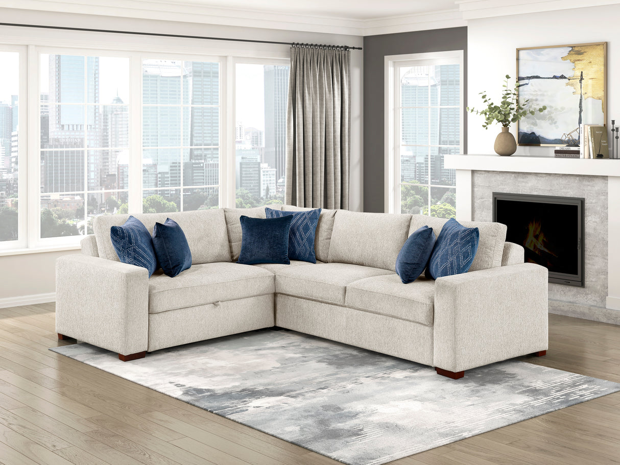 Isla Beige 3-Piece Sectional with Reversible Chaises, Pull-out Bed and Hidden Storage, Click Motion Back