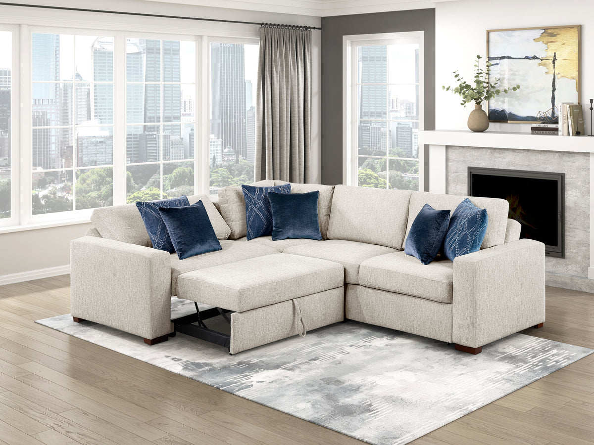 Isla Beige 3-Piece Sectional with Reversible Chaises, Pull-out Bed and Hidden Storage, Click Motion Back