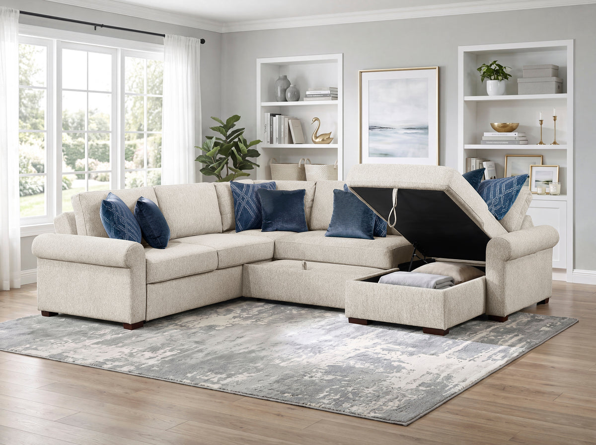 8548BE*5SC15ACLA4 (5)4-PIECE SECTIONAL WITH REVERSIBLE CHAISE, PULL-OUT BED, HIDDEN STORAGE AND CLICK MOTION BACK from Homelegance - Luna Furniture