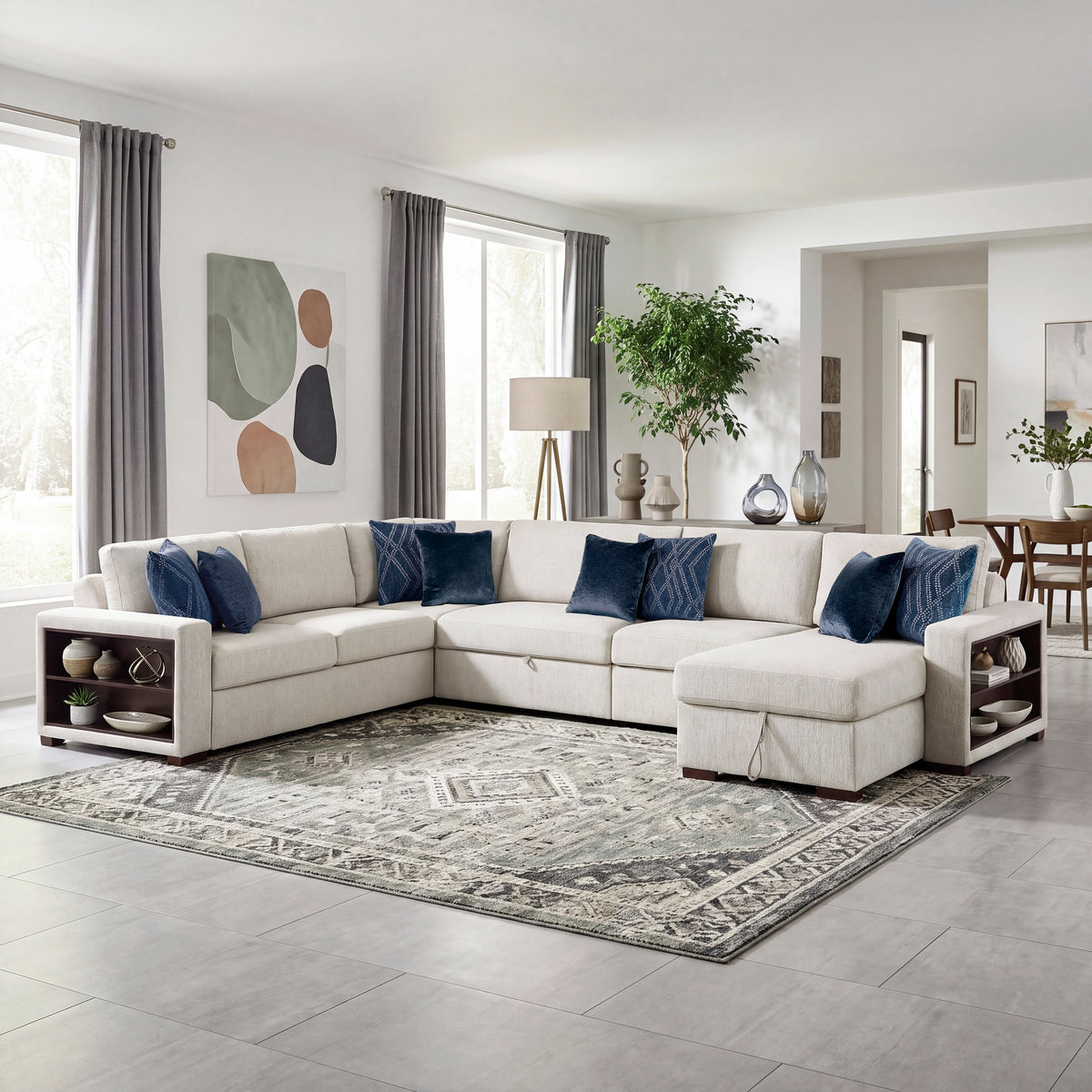 Isla Beige 5-Piece Modular Dual Sleeper Sectional with USB-C Ports and Armrest Storage