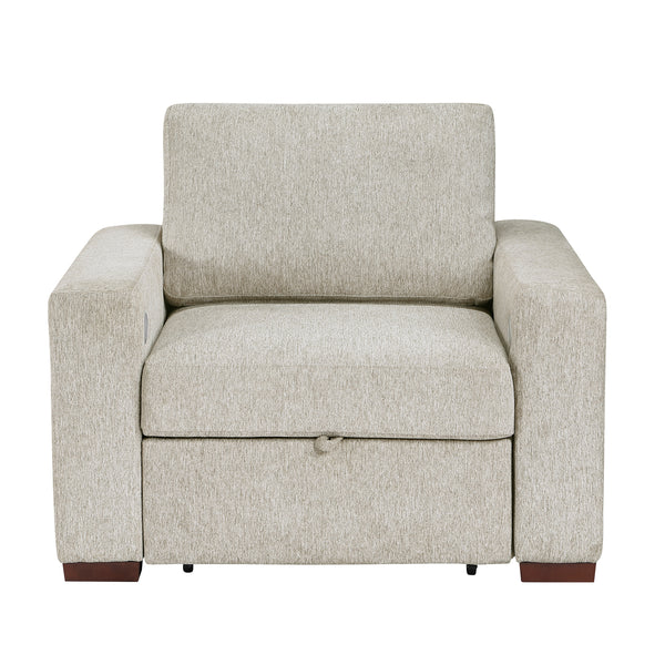 Isla Sage Sand Microfiber Pull-Out Chair Bed with Armrest Shelves and USB-C Ports