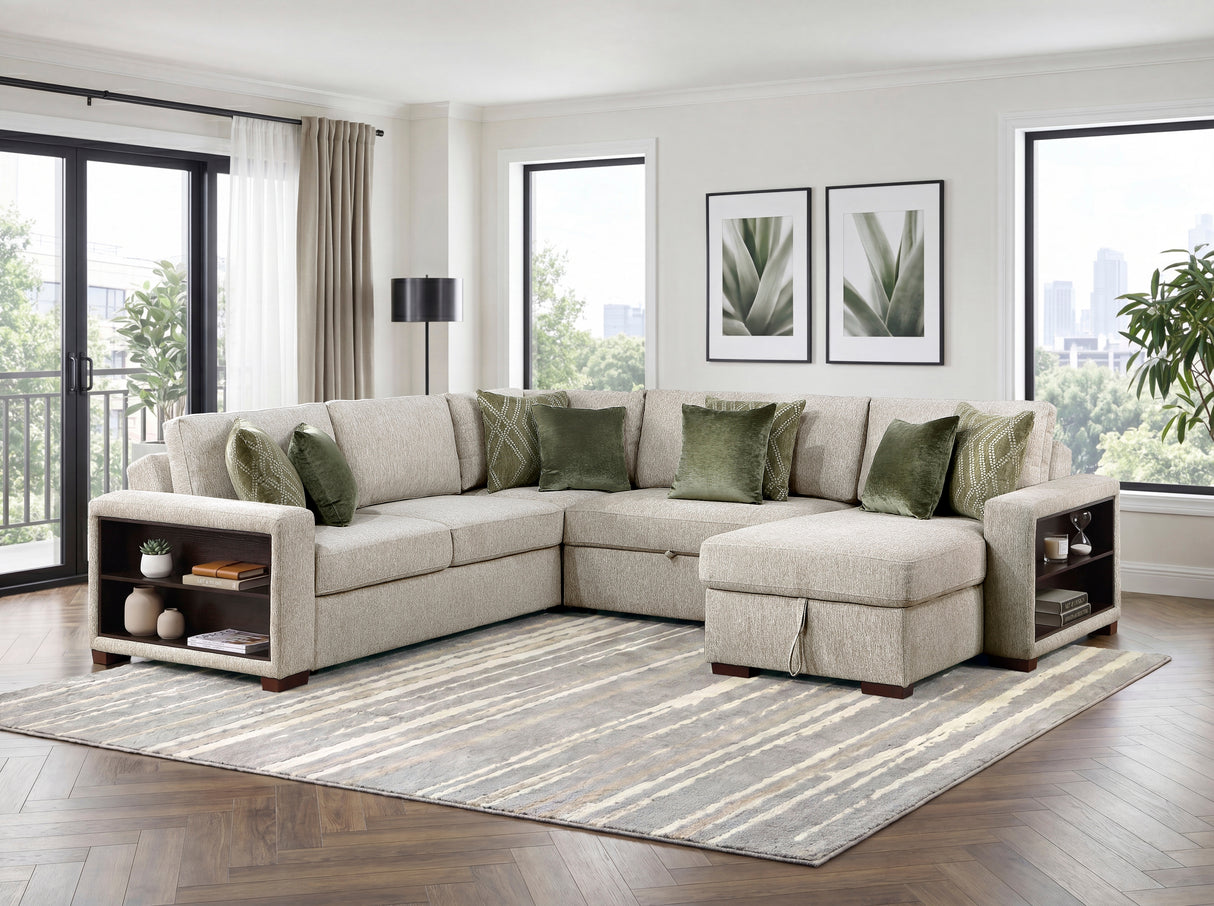Isla Sage Sand 4-Piece L-Shaped Sleeper Sectional with Reversible Storage Chaise