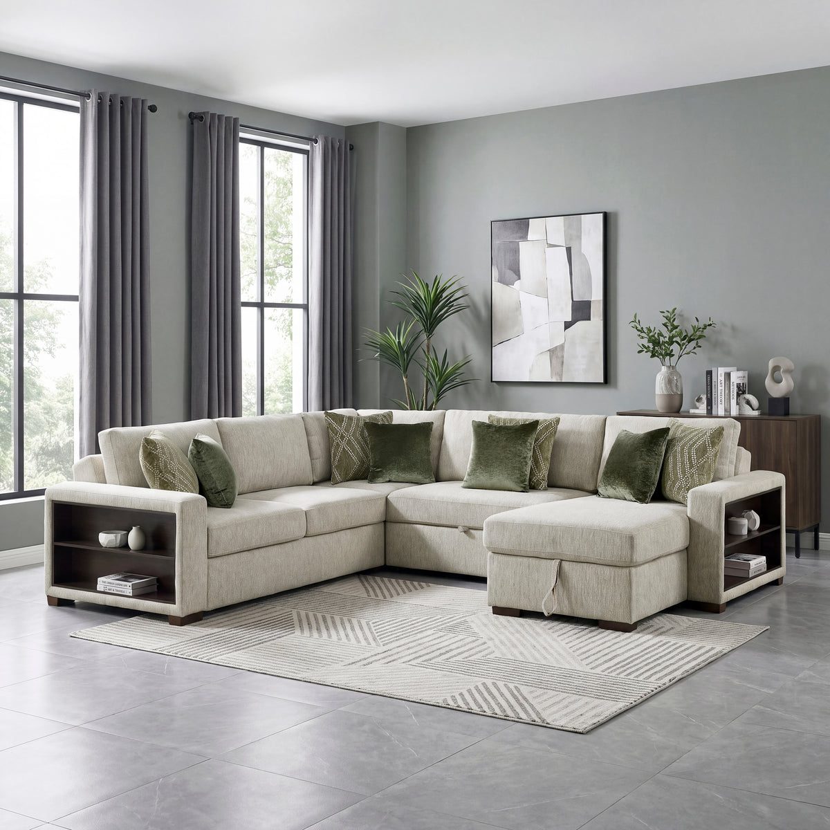 Isla Sage Sand 4-Piece Sleeper Sectional with Storage Chaise and USB Ports
