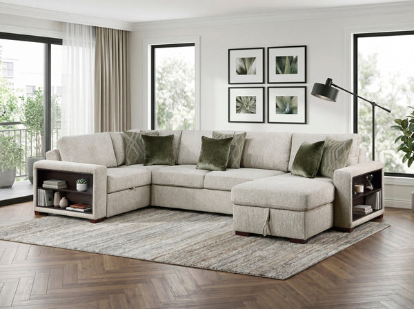Isla Sage Sand 4-Piece Sleeper Sectional with Storage Chaise and USB Ports