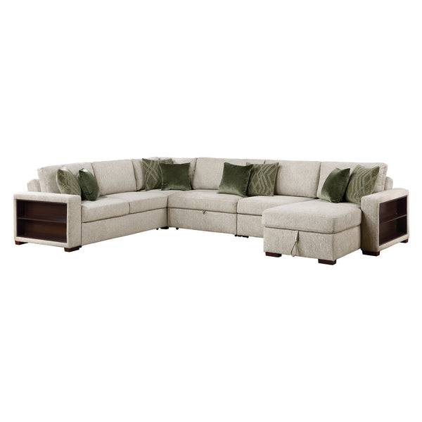 Isla Sage Sand 5-Piece Modular Sectional with Dual Pull-Out Beds and Armrest Storage