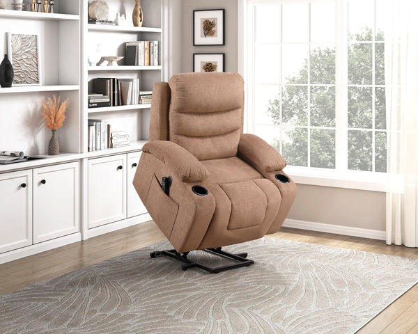 Sereno Brown Power Lift Chair with Massage, Heat, Charging Ports and Cup-holders