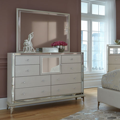 Hollywood Loft Frost Upholstered Dresser With Mirror from Michael Amini - Luna Furniture
