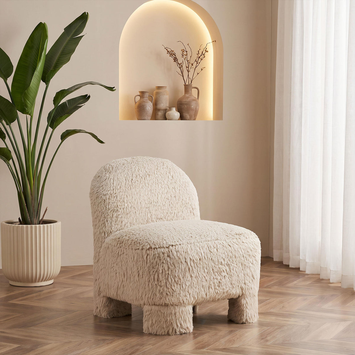 Lacombe Latte accent chair, plush faux fur upholstery, cozy lifestyle view