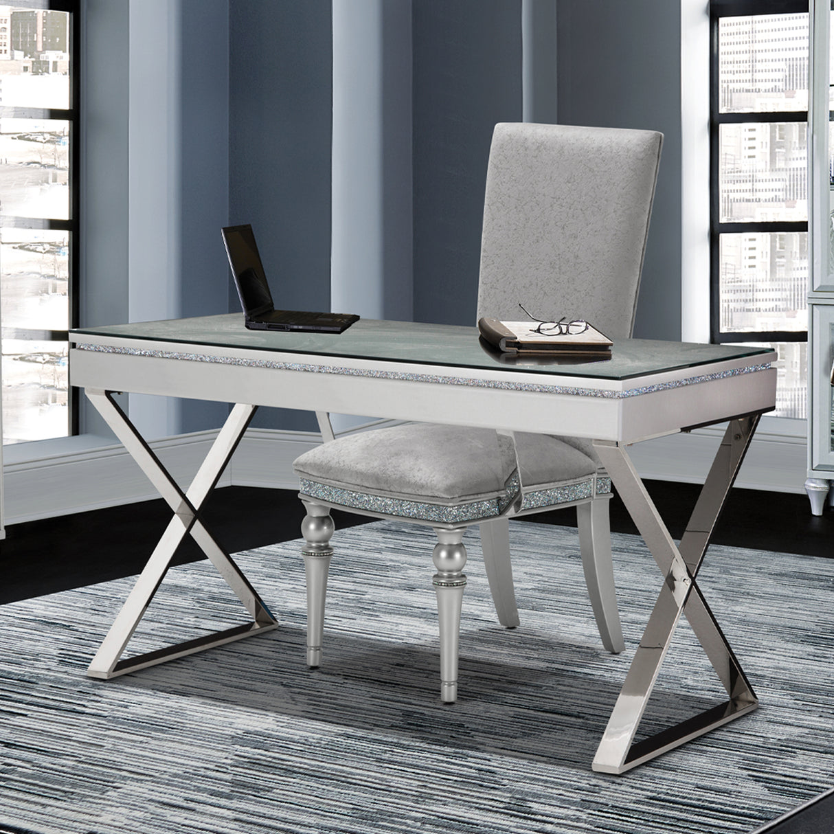 Melrose Plaza Dove Writing Desk With Glass Top from Michael Amini - Luna Furniture