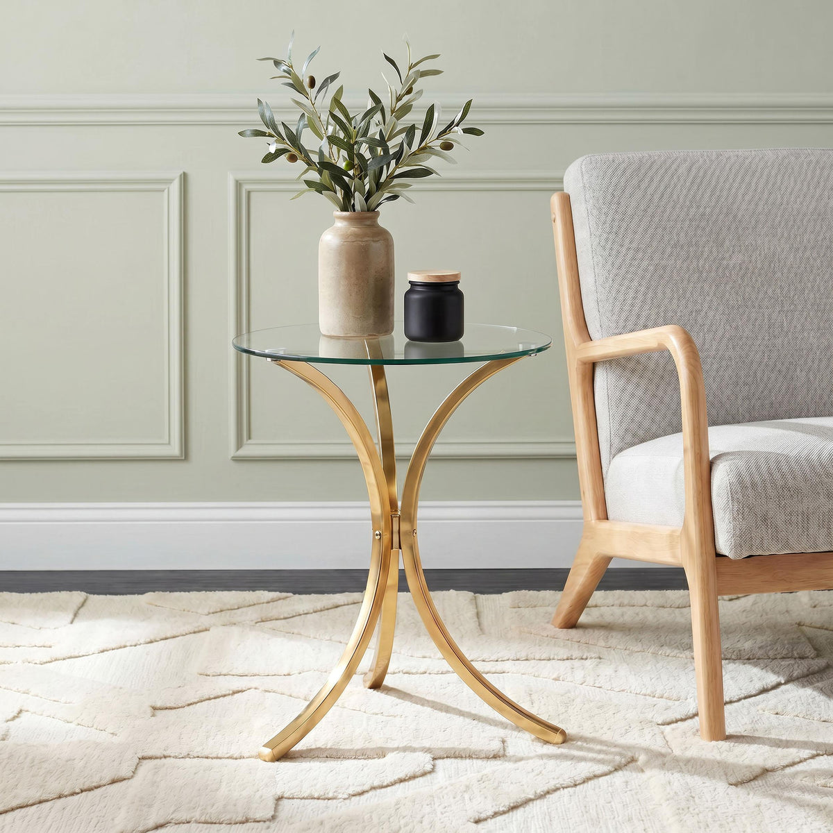 Eloise Gold Round Glass Top Curved Metal Side Table