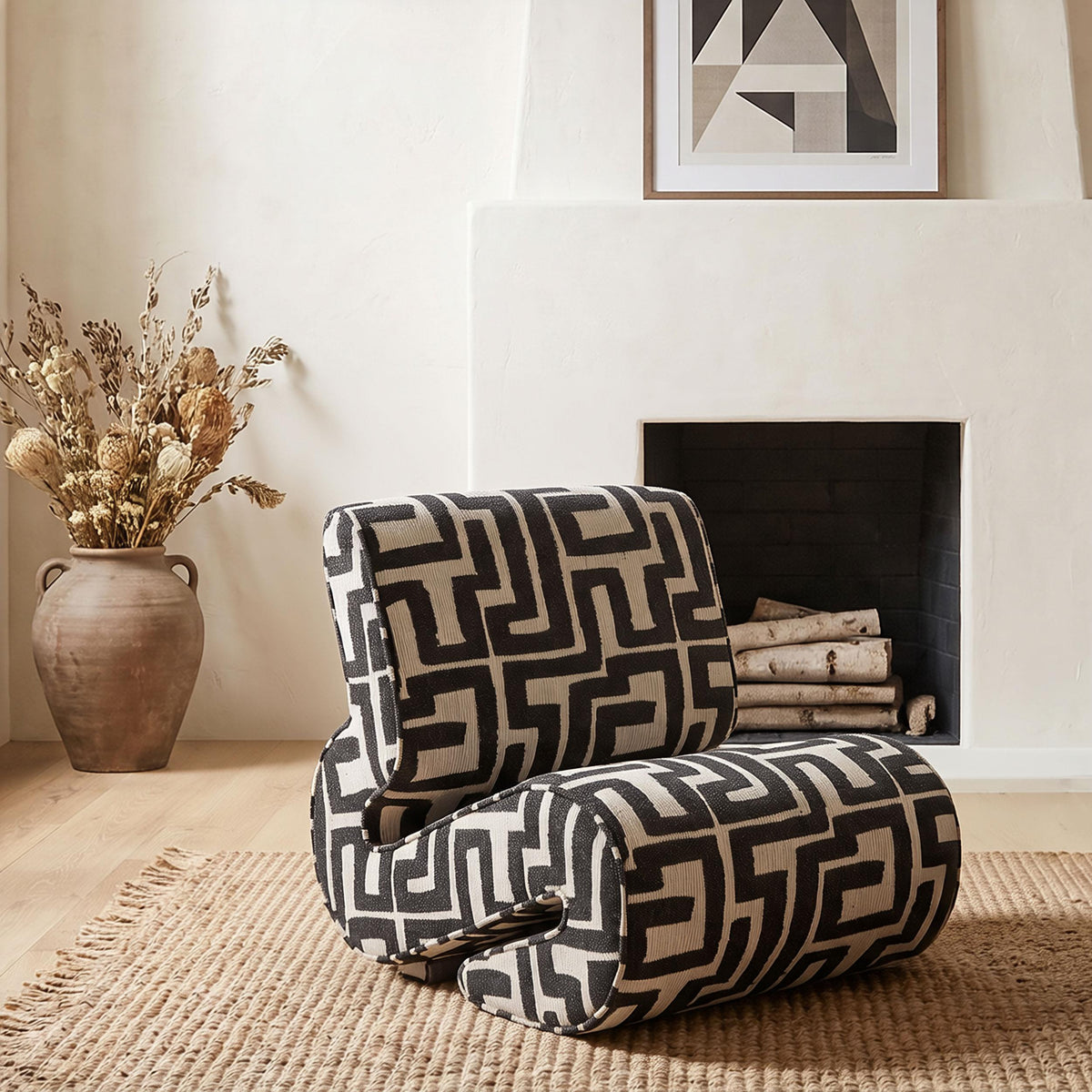 Eimer Black accent chair, geometric jacquard upholstery, styled front view