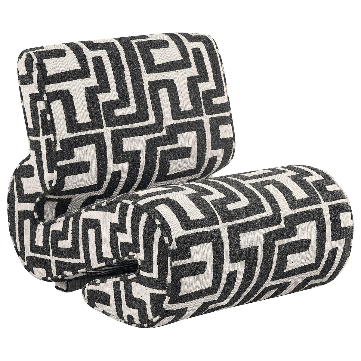 Eimer Black accent chair, geometric jacquard fabric, three-quarter view