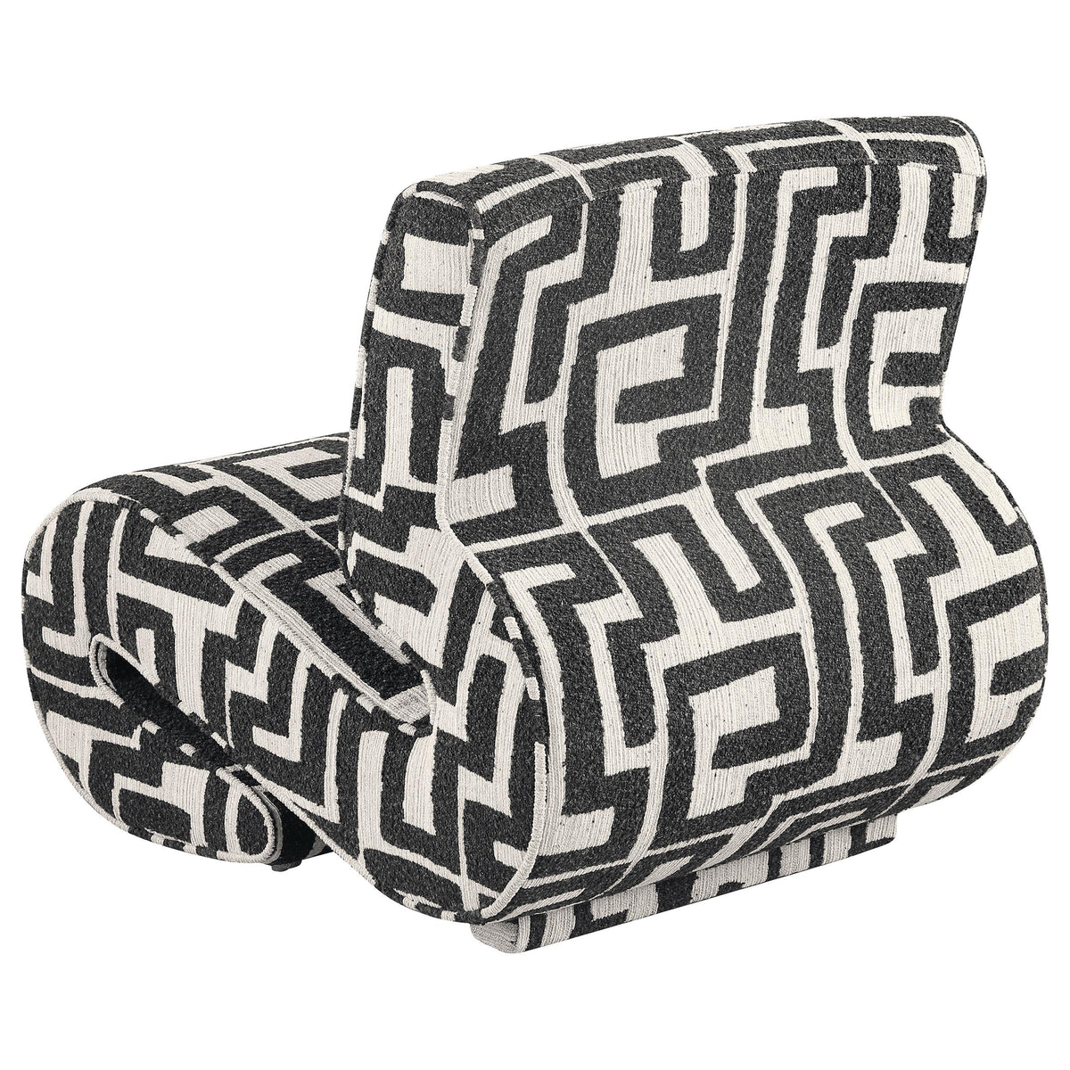 Eimer Black accent chair, side profile, geometric jacquard upholstery