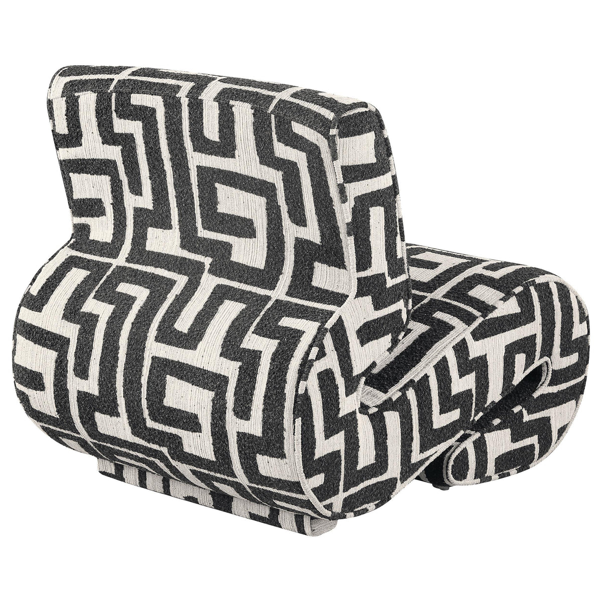 Eimer Black accent chair, rear three-quarter view, patterned jacquard upholstery