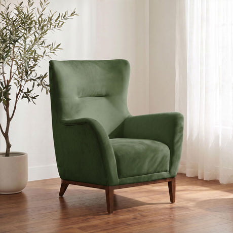 Catala Matcha/Coffee accent chair, high-back green upholstery, warm wood legs, front three-quarter view